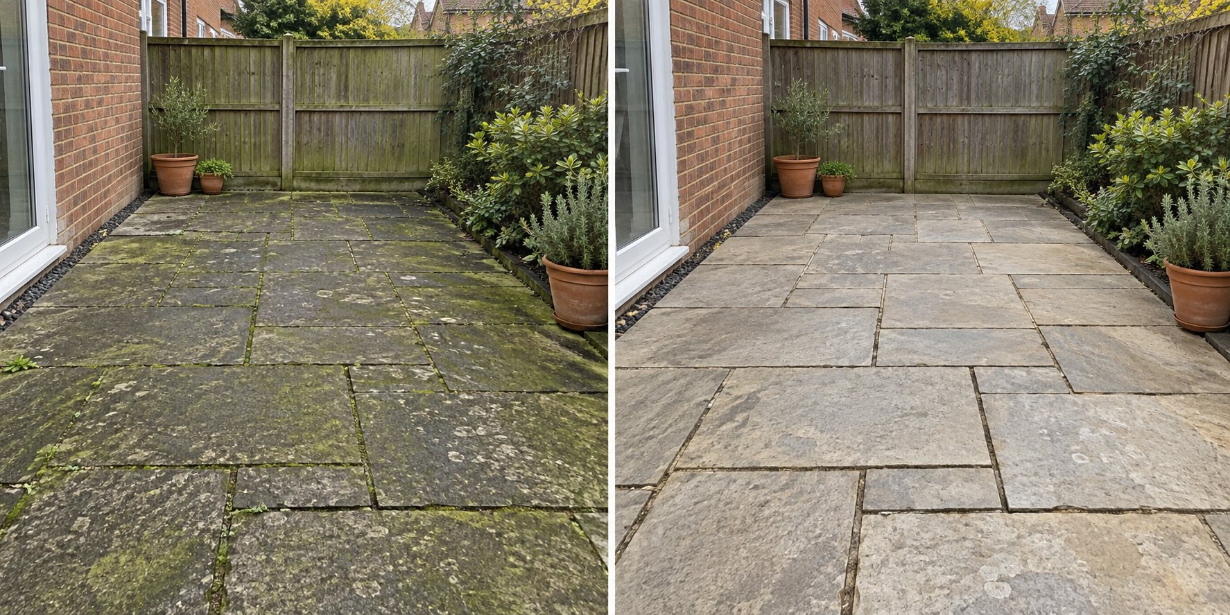 AI illustration comparing a weathered patio on the left with a cleaned version on the right
